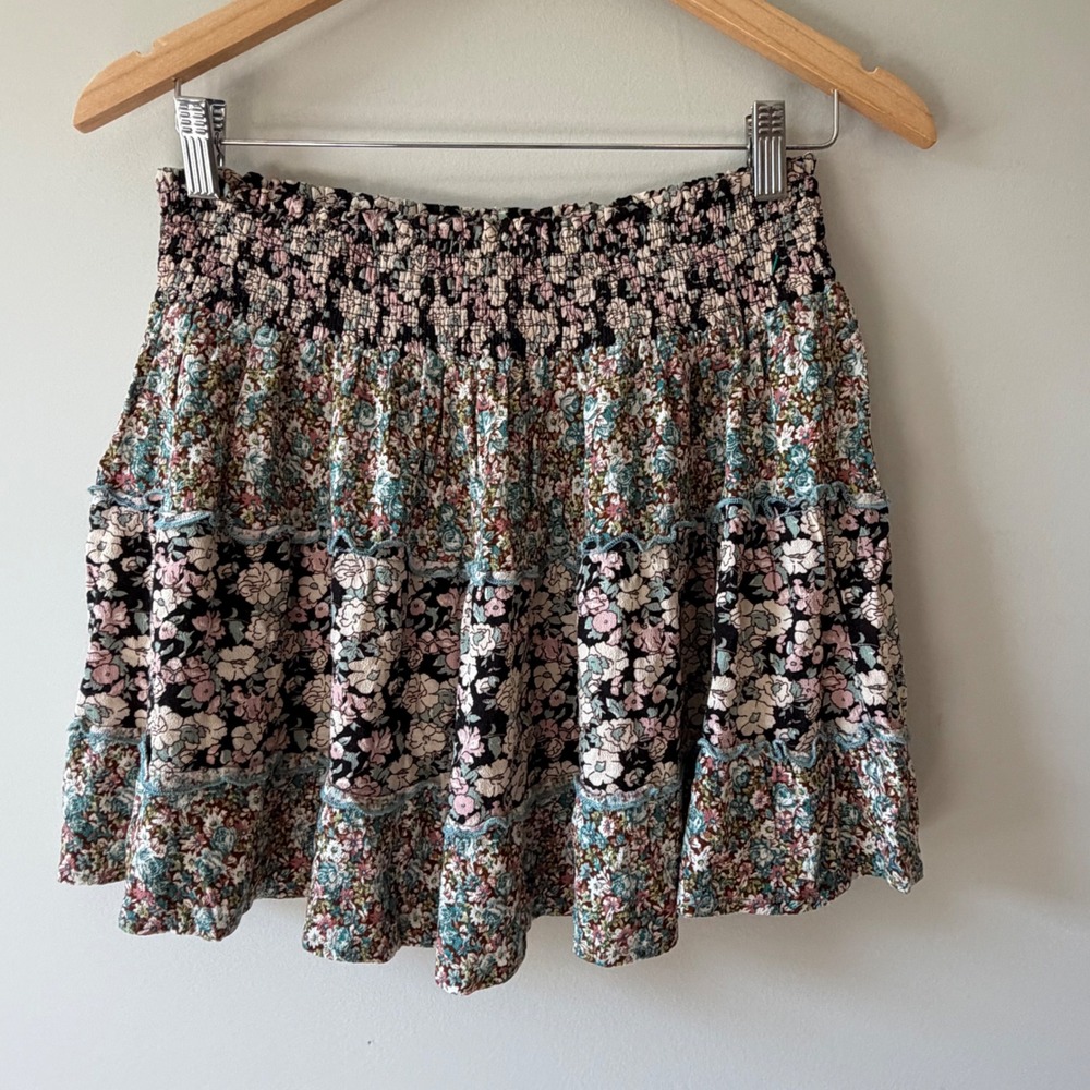Natural Life Floral Tiered Mini Skirt Smocked Waist Boho Rayon Multi Color Med